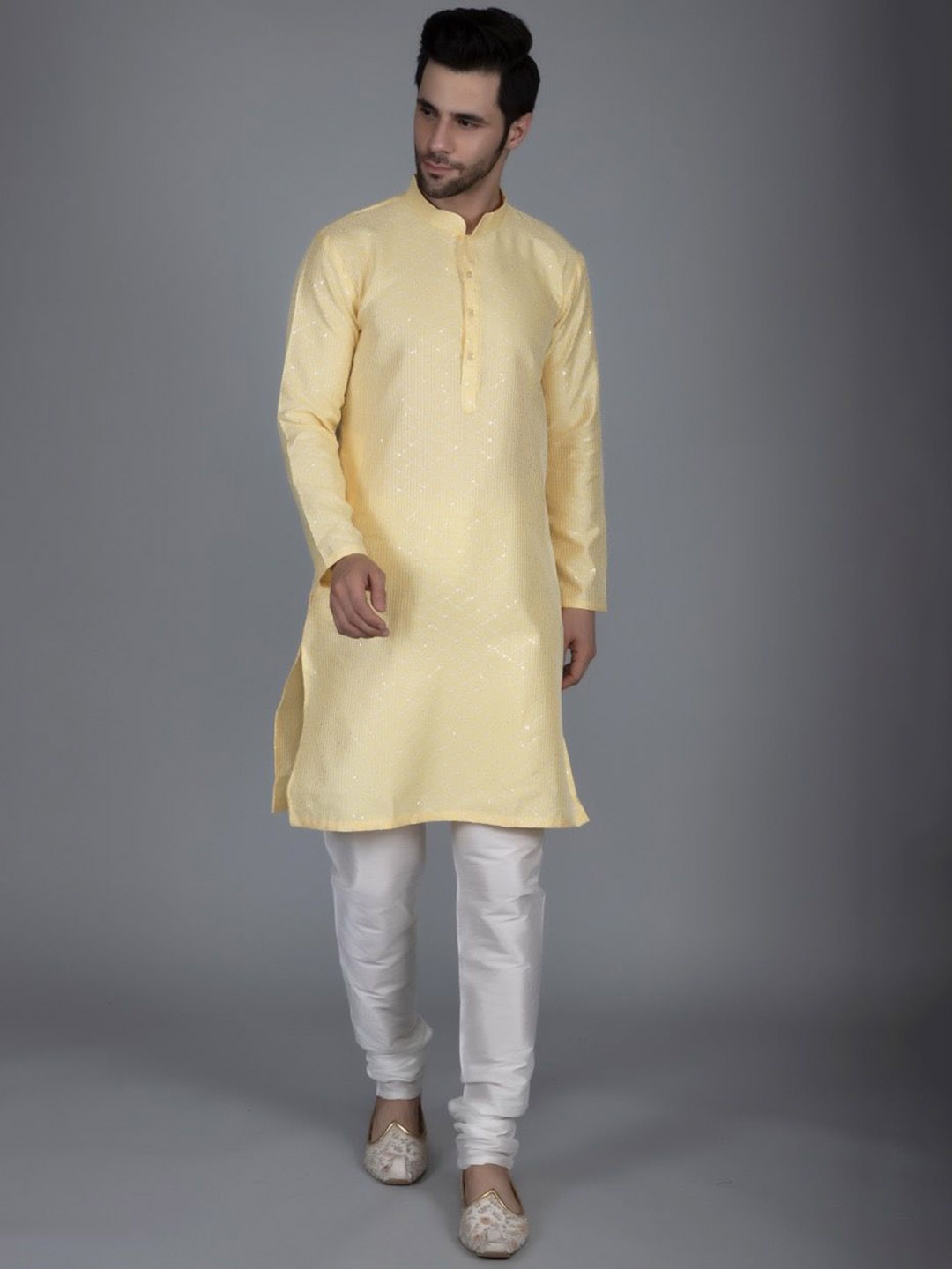 

Ethluxis Woven Design Embroidered Mandarin Collar Straight Thread Work Kurta With Churidar, Yellow