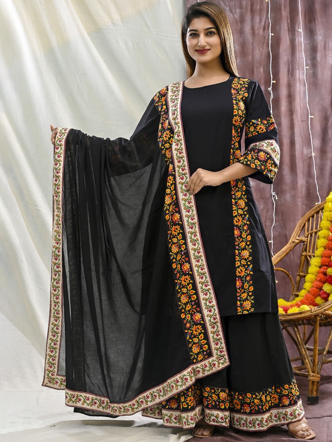 

Rashmi Shree Creation Floral Printed Straight Pure Cotton Kurta With Palazzos And Dupatta, Black