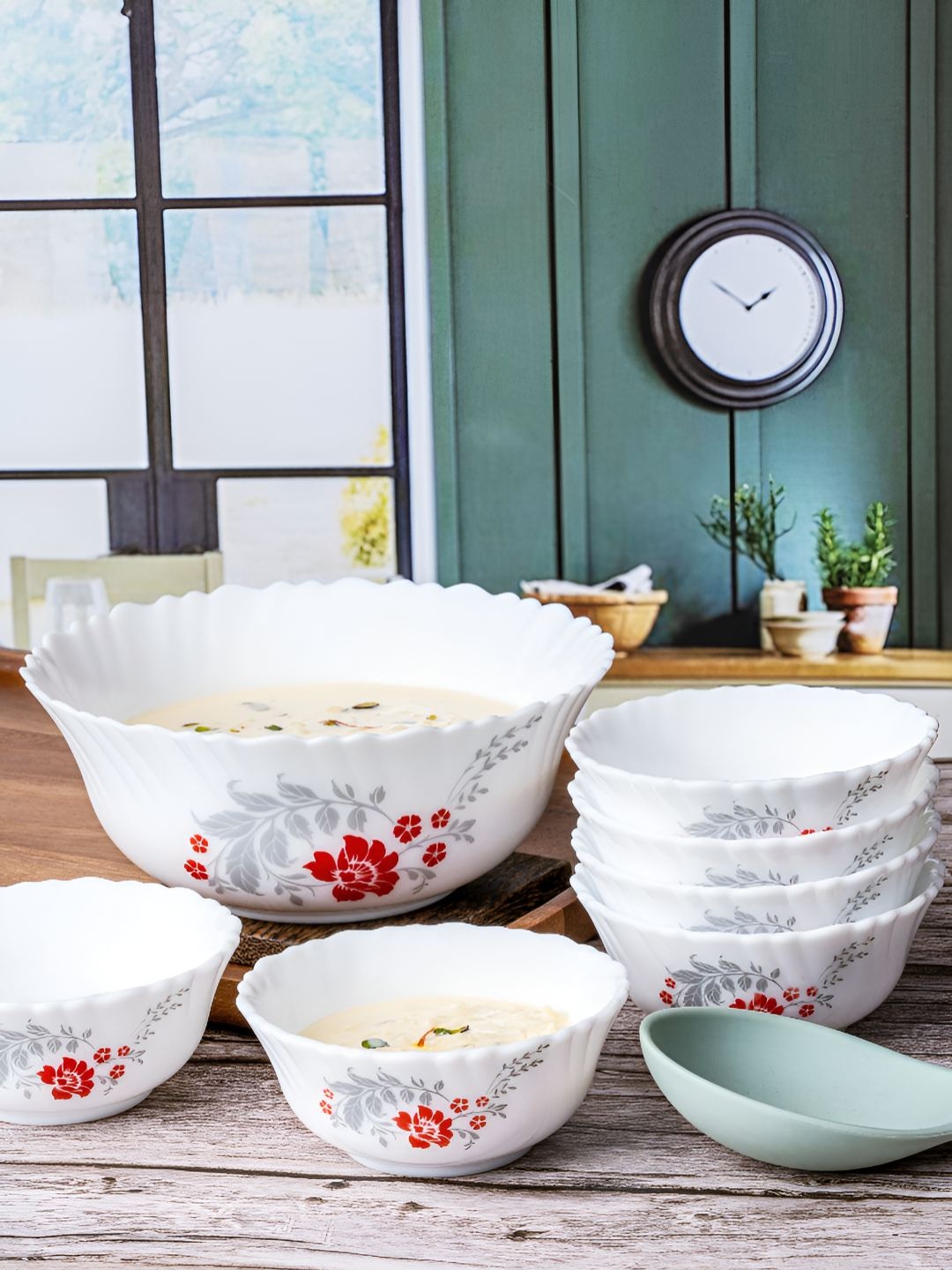 

Cello White & Red 7 Pieces Floral Printed Opalware Glossy Dishwasher Safe Pudding Bowl Set