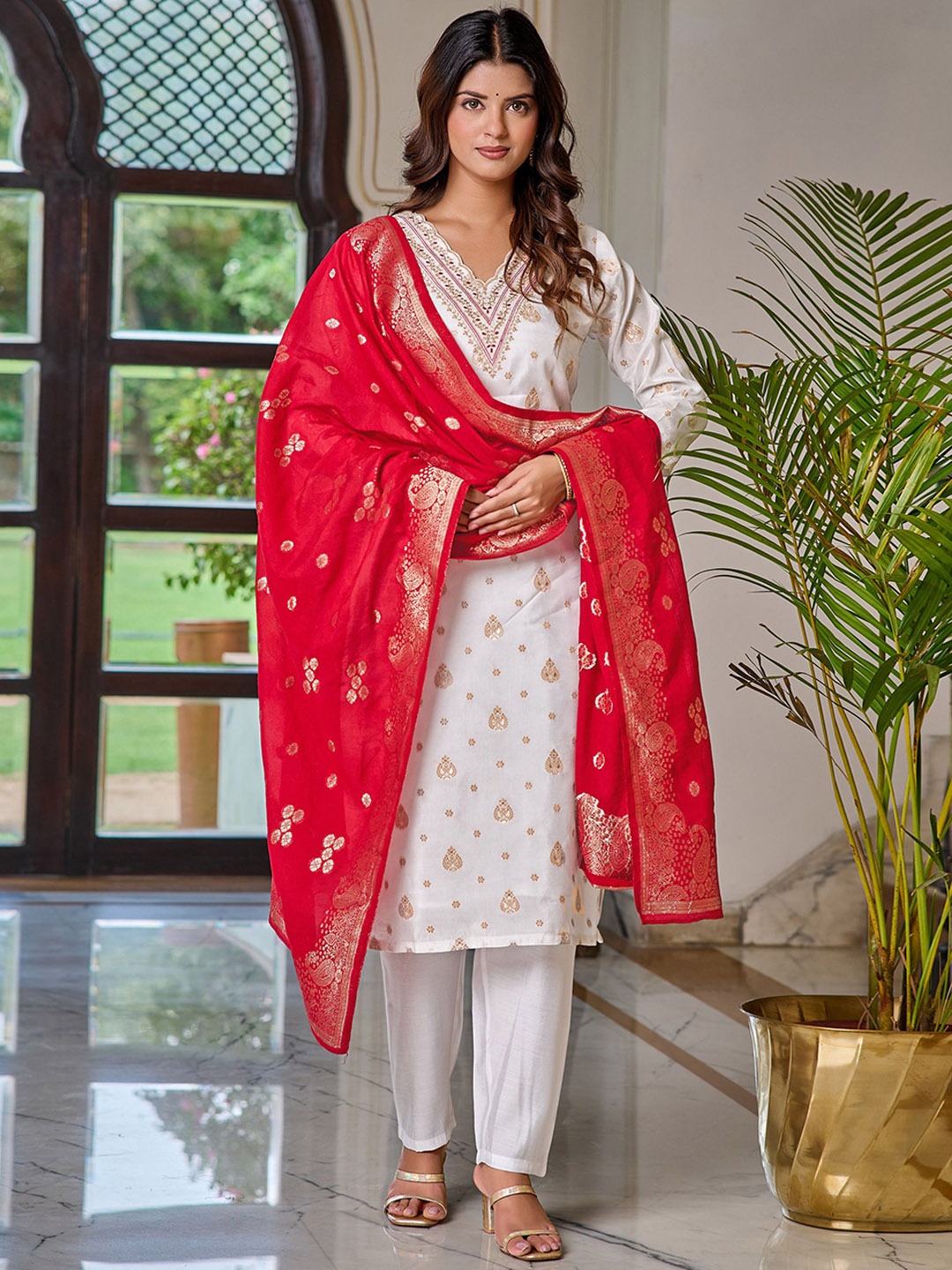 

ZIBLON Ethnic Motifs Woven Design V-Neck Pure Silk Straight Kurta With Trouser And Dupatta, White