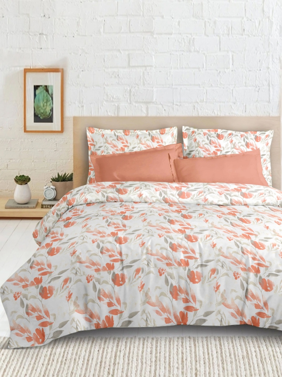 

Enchant Home Orange Floral Printed 210 TC Queen Bedsheet Set 2.54 m X 2.28, White