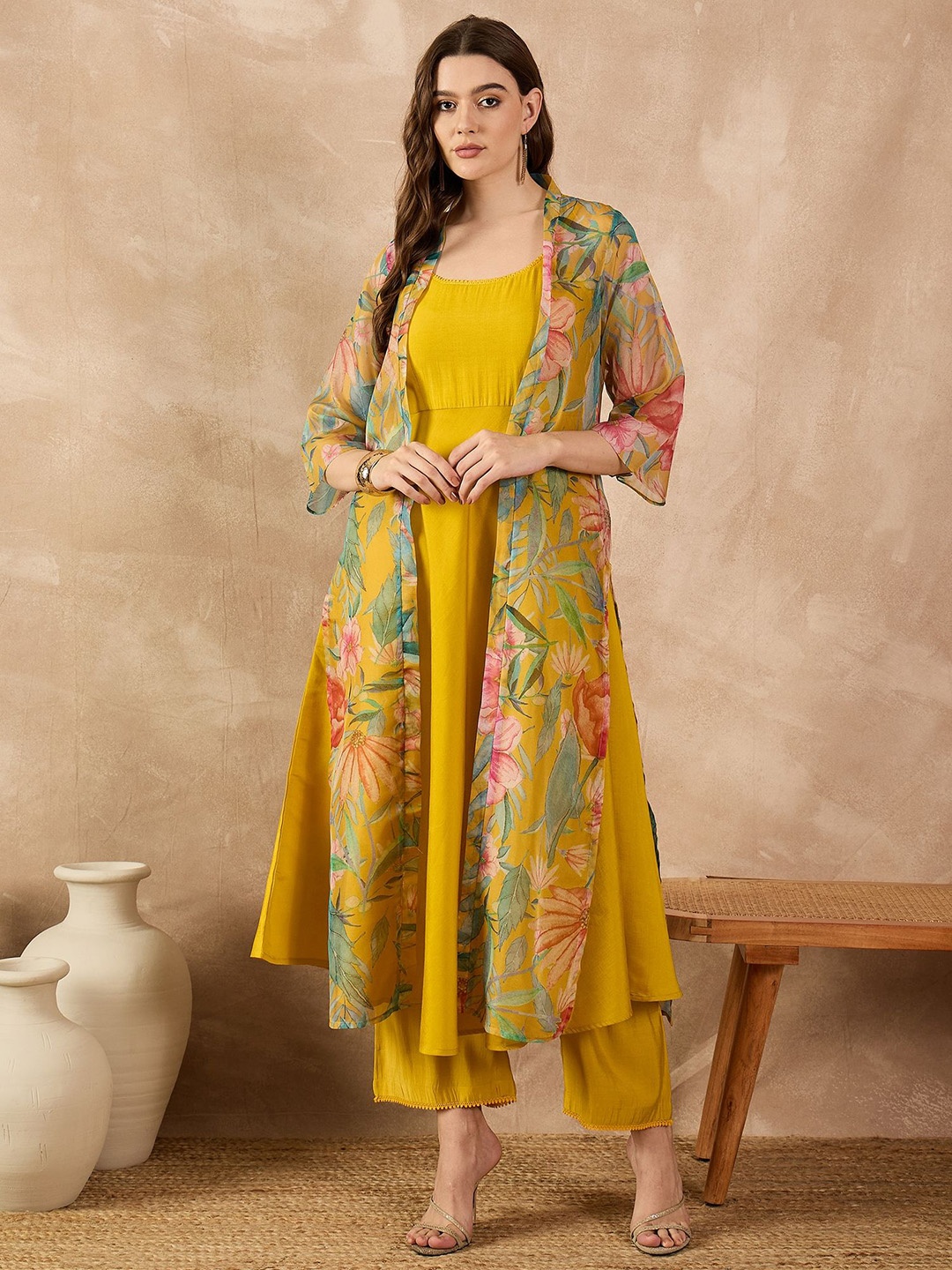 

all about you Shoulder Strap A-Line Kurta With Trousers And Shrug, Yellow