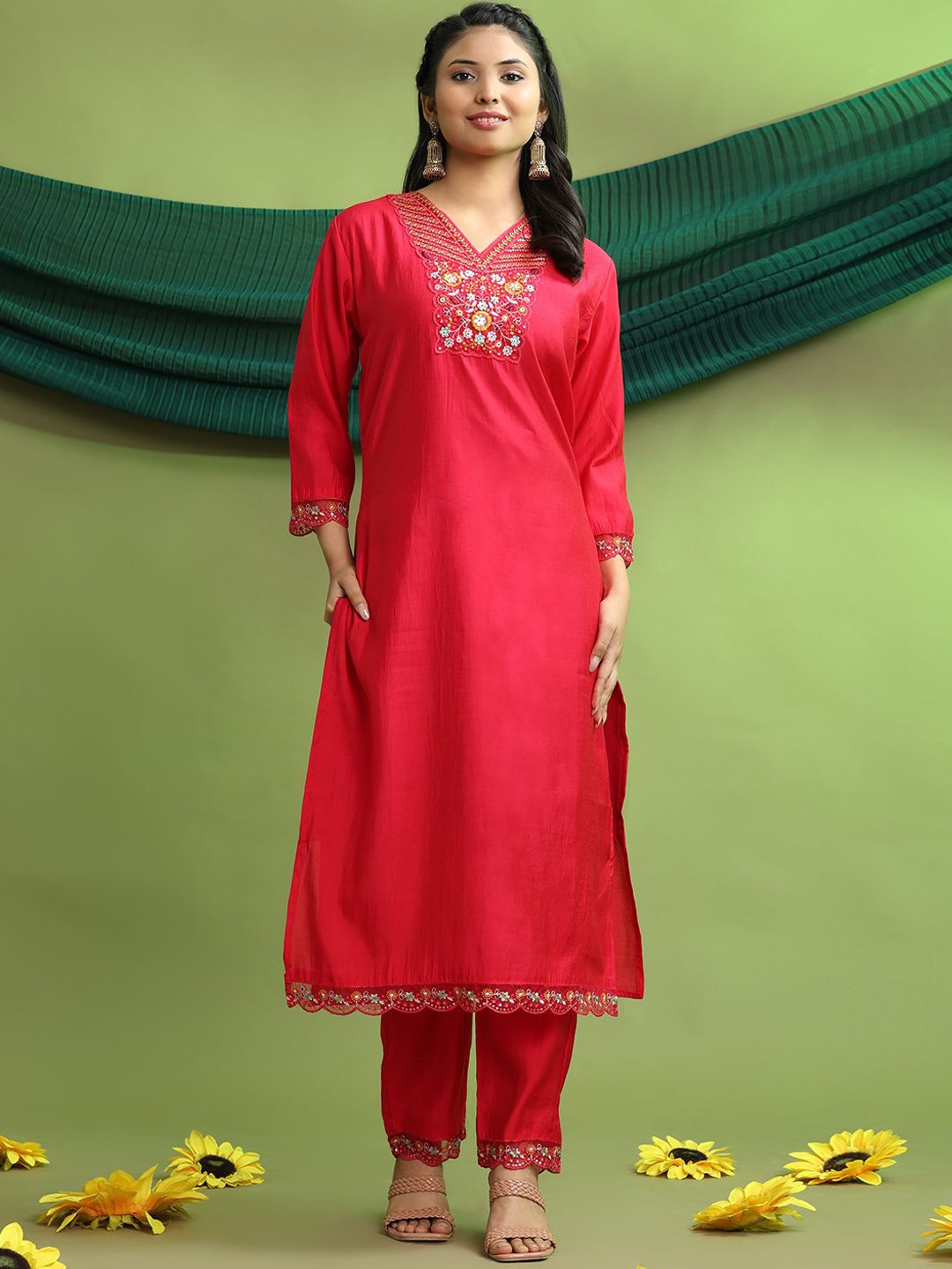 

Pionex Ethnic Motifs Embroidered Raw Silk V-Neck Straight Kurta With Trousers & Dupatta, Red