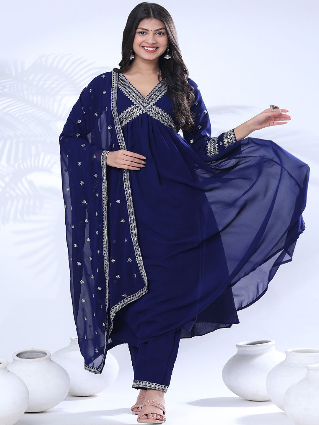 

Pionex Ethnic Motifs Embroidered Georgette V-Neck Empire Kurta With Trousers & Dupatta, Blue