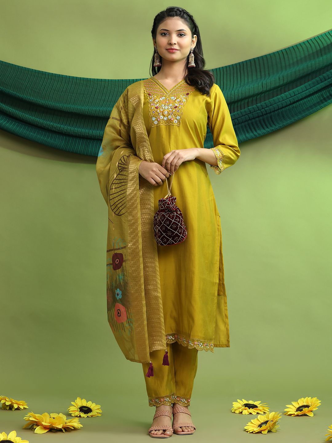 

Pionex Ethnic Motifs Embroidered Raw Silk V-Neck Straight Kurta With Trousers & Dupatta, Yellow