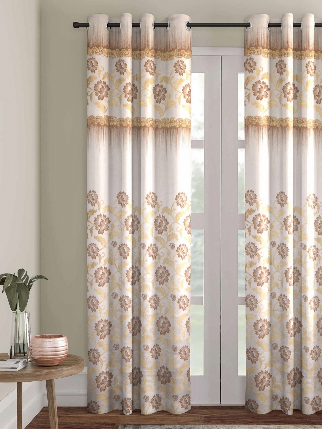 

Aura White & Beige Floral Room Darkening Long Door Curtain