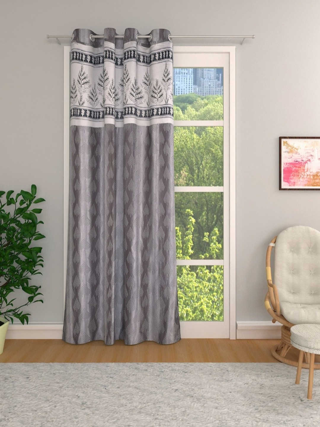 

Aura Grey & White Leaf Room Darkening Jacquard Door Curtains