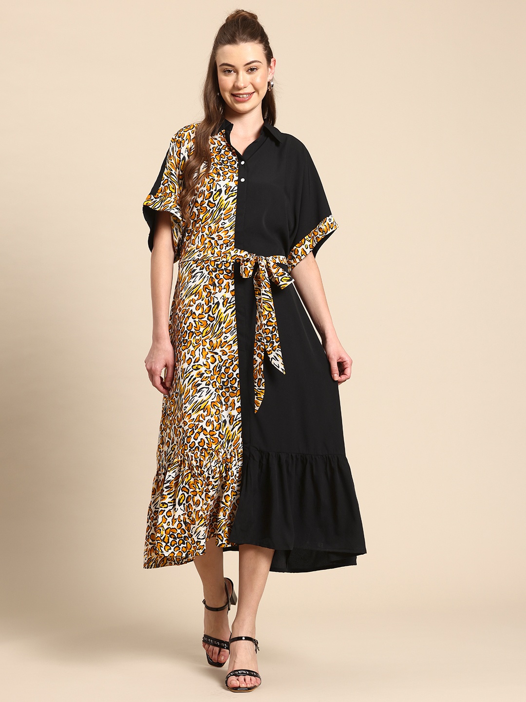 

Qurvii Animal Print Batwing Sleeve Crepe Shirt Midi Dress, Black