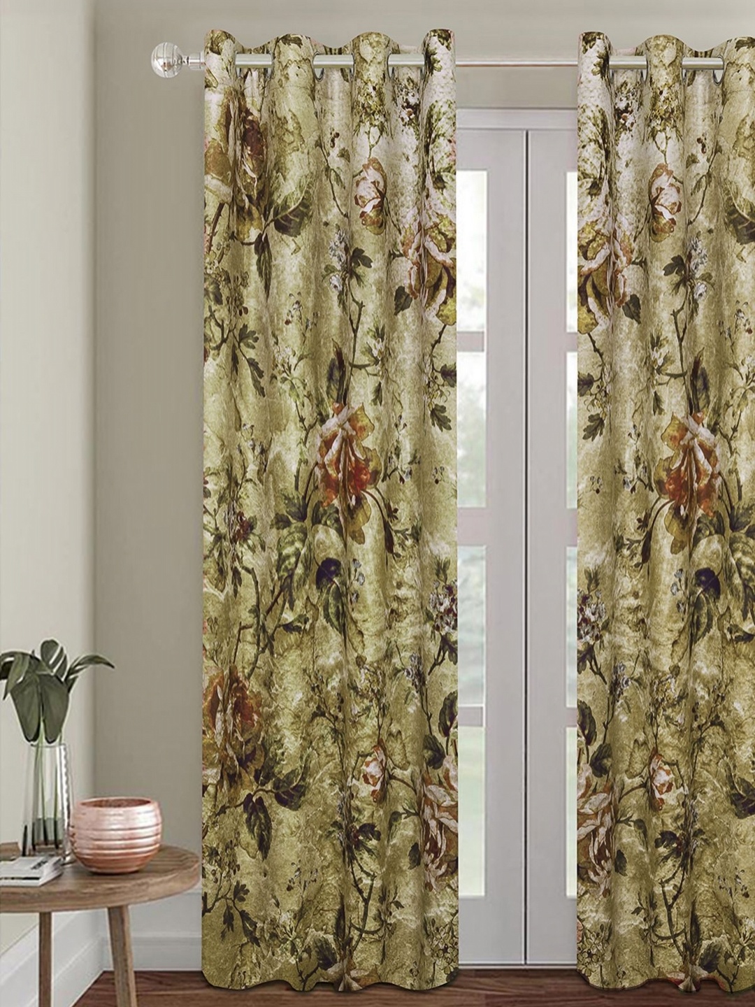 

Aura Green & Beige Floral Room Darkening Door Curtain