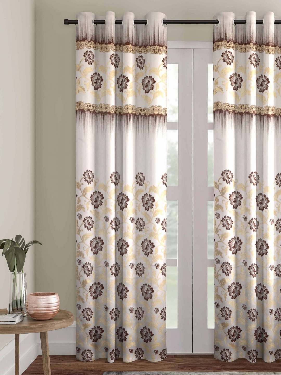 

Aura White & Beige Floral Room Darkening Door Curtain