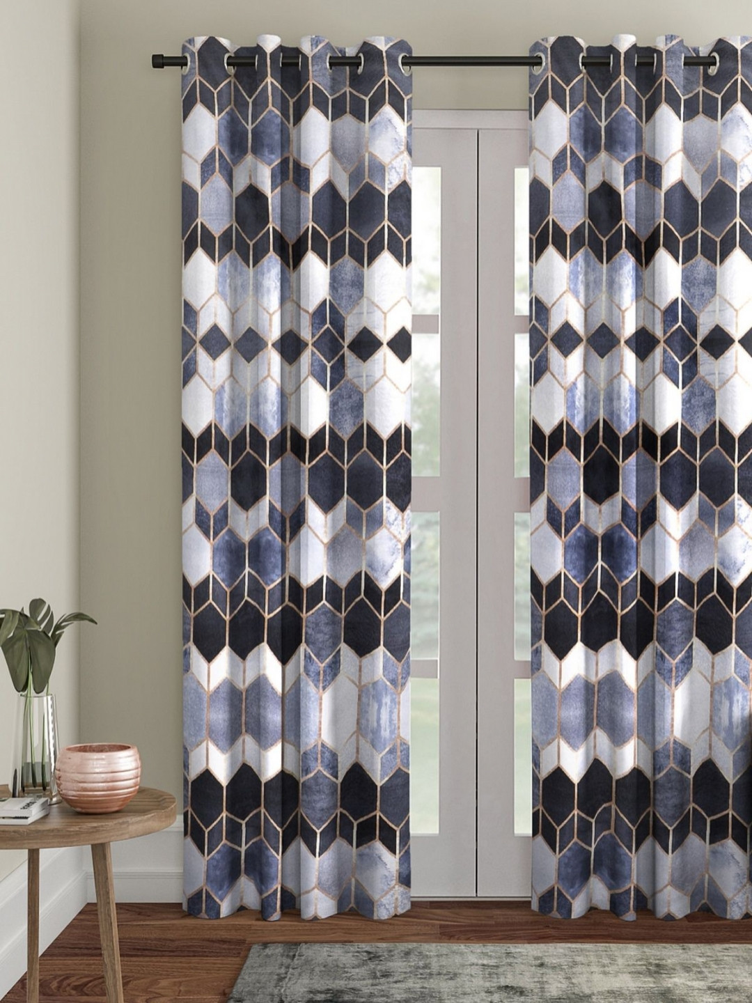 

Aura White & Blue Geometric Room Darkening Door Curtain