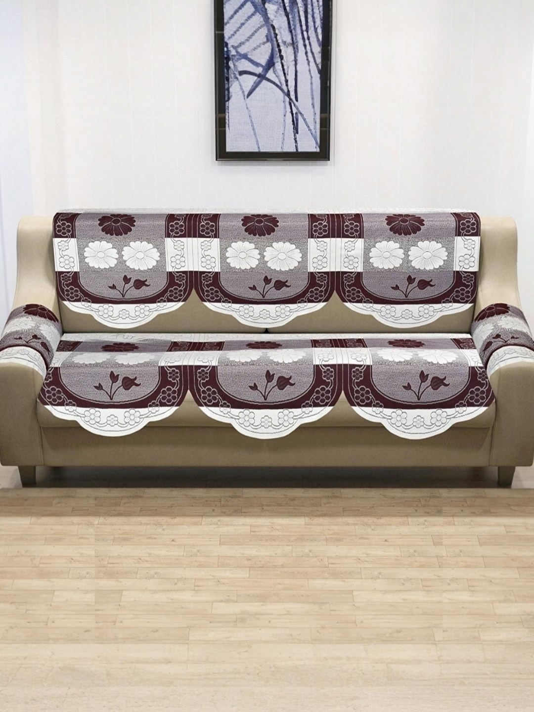 

BIGGER FISH Brown & White 3 Seater Sofa Cover With Arms