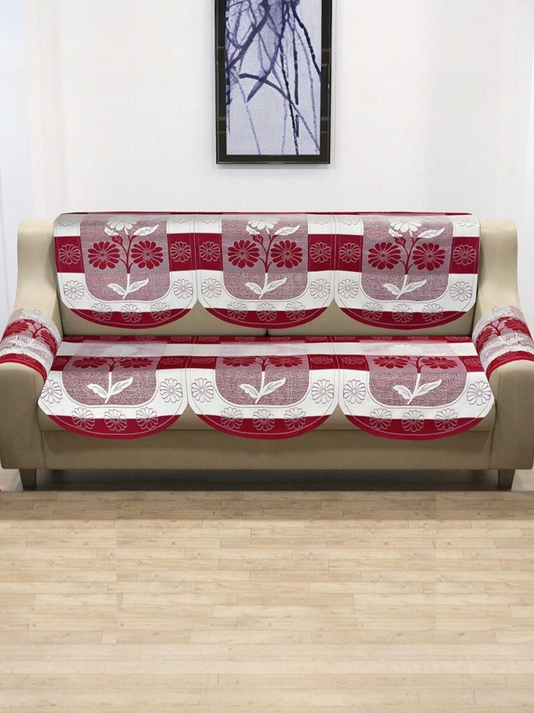 

BIGGER FISH Red & White 3 Seater Sofa Cover With Arms Cover