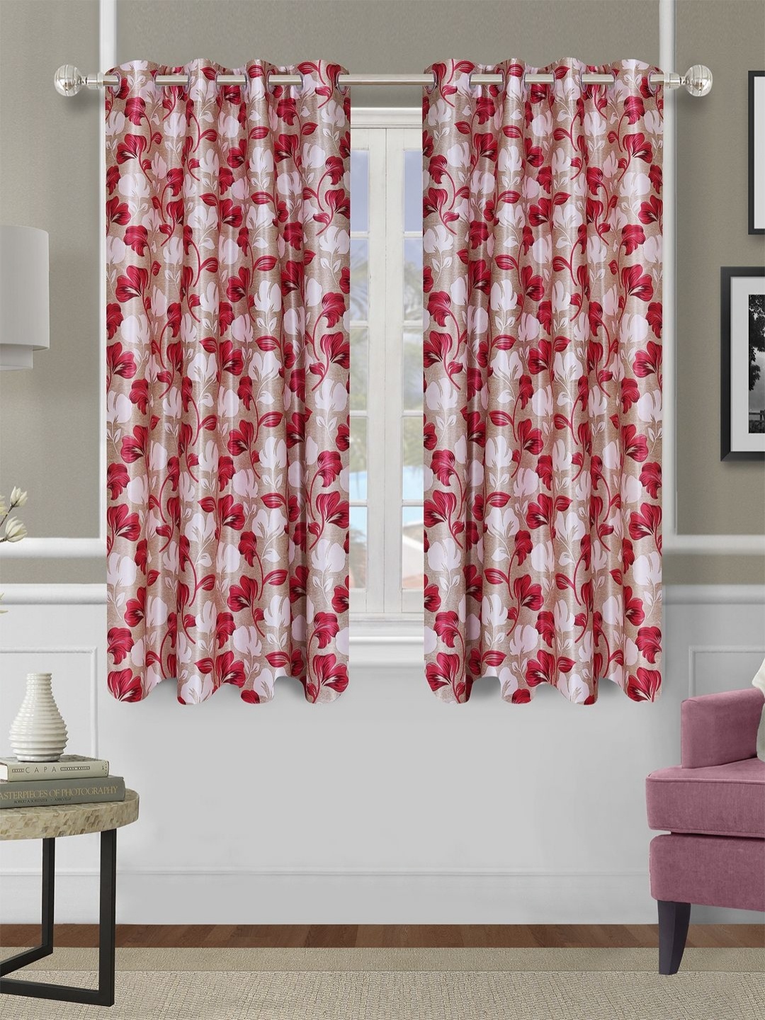 

Aura Beige & Red 2 Pieces Floral Room Darkening Door Curtains