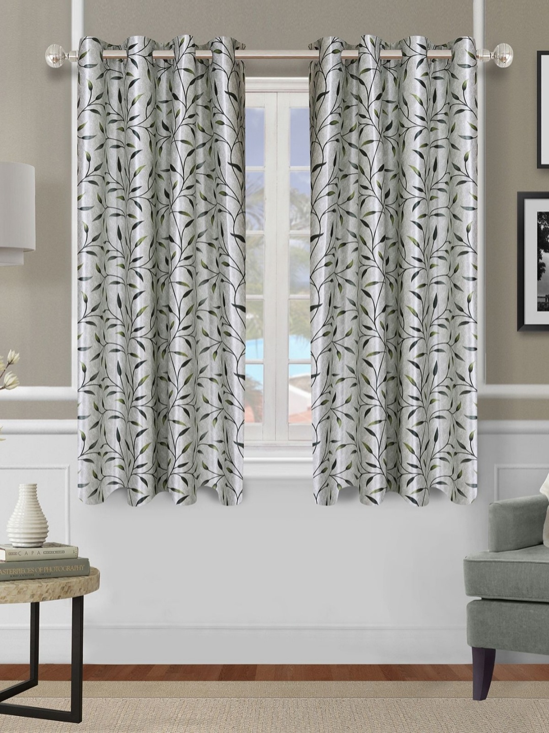 

Aura Green and Grey 2 Pieces Floral Printed Room Darkening Door Curtains