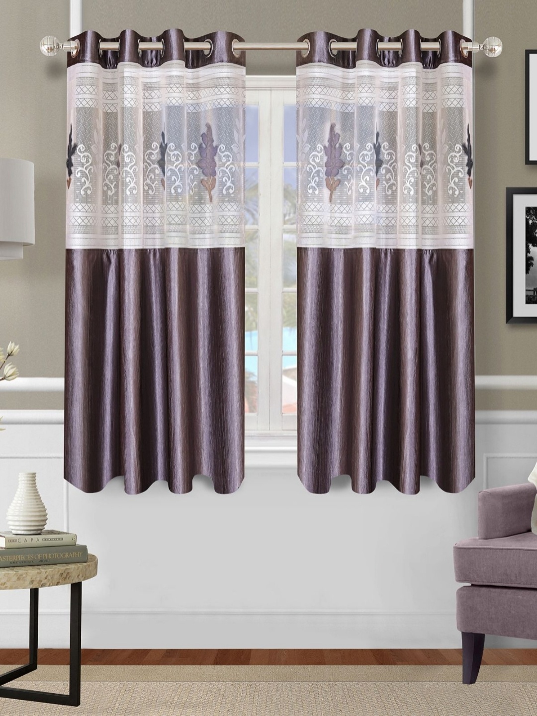 Aura Grey Set of 2 Floral Room Darkening Window Curtain