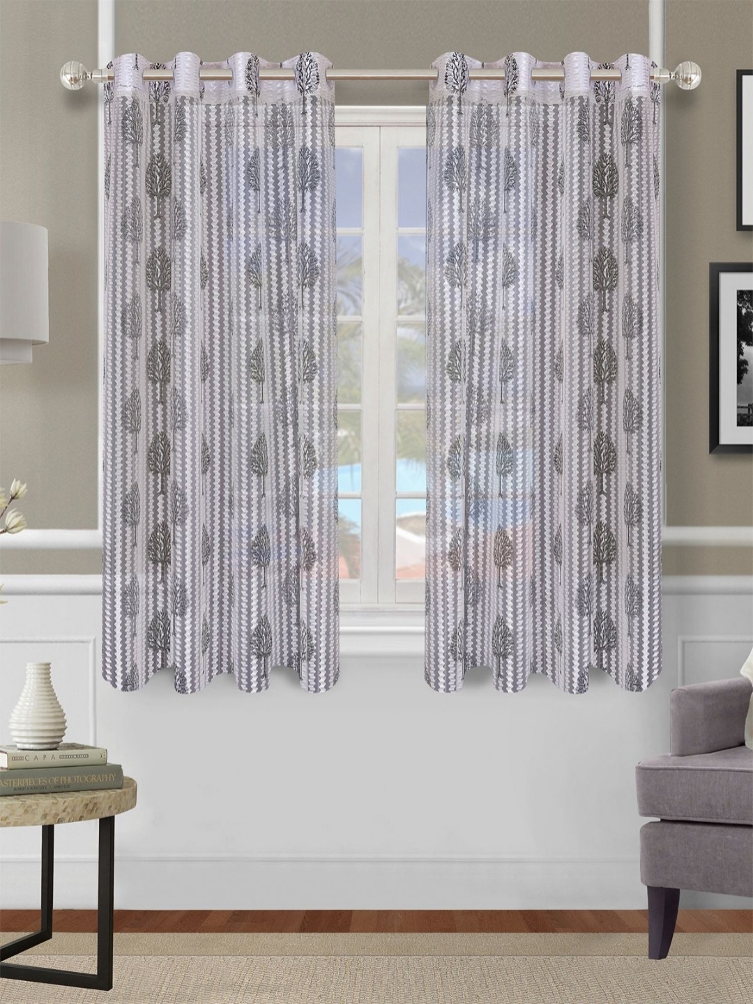 

Aura Grey and Off White 2 Pieces Floral Printed Sheer Door Curtains