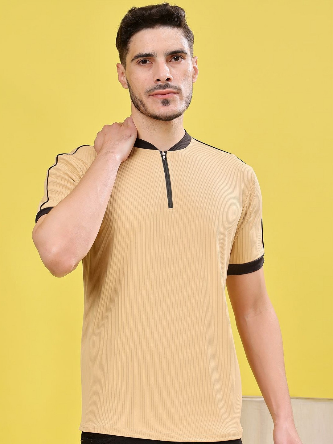 

madfrog Men Solid Mandarin Collar T-shirt, Beige