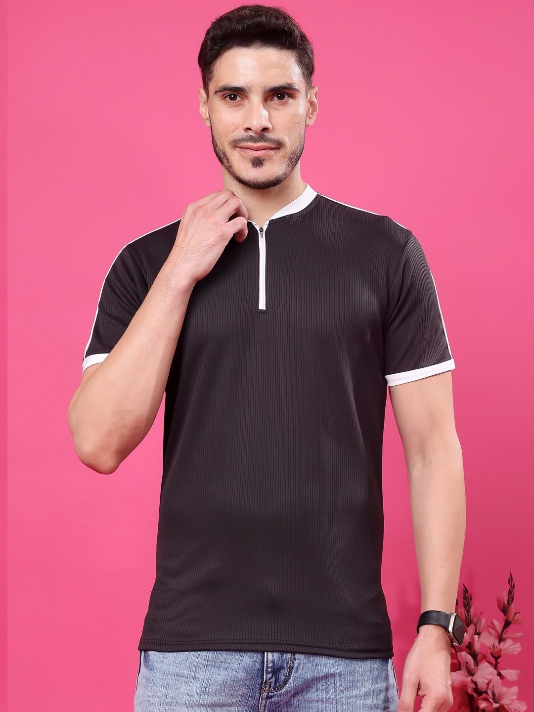 

madfrog Men Self Design Mandarin Collar T-shirt, Black