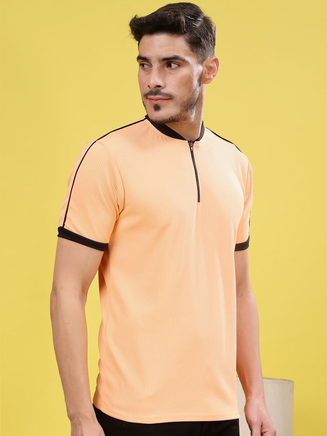 

madfrog Men Solid Mandarin Collar T-shirt, Peach