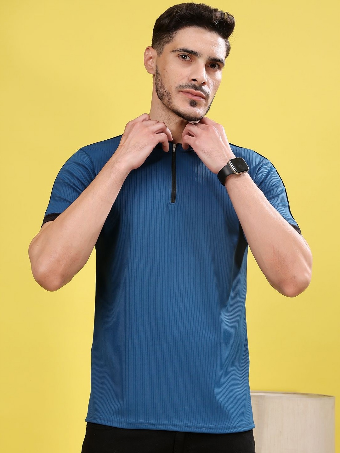 

madfrog Men Striped Mandarin Collar T-shirt, Blue