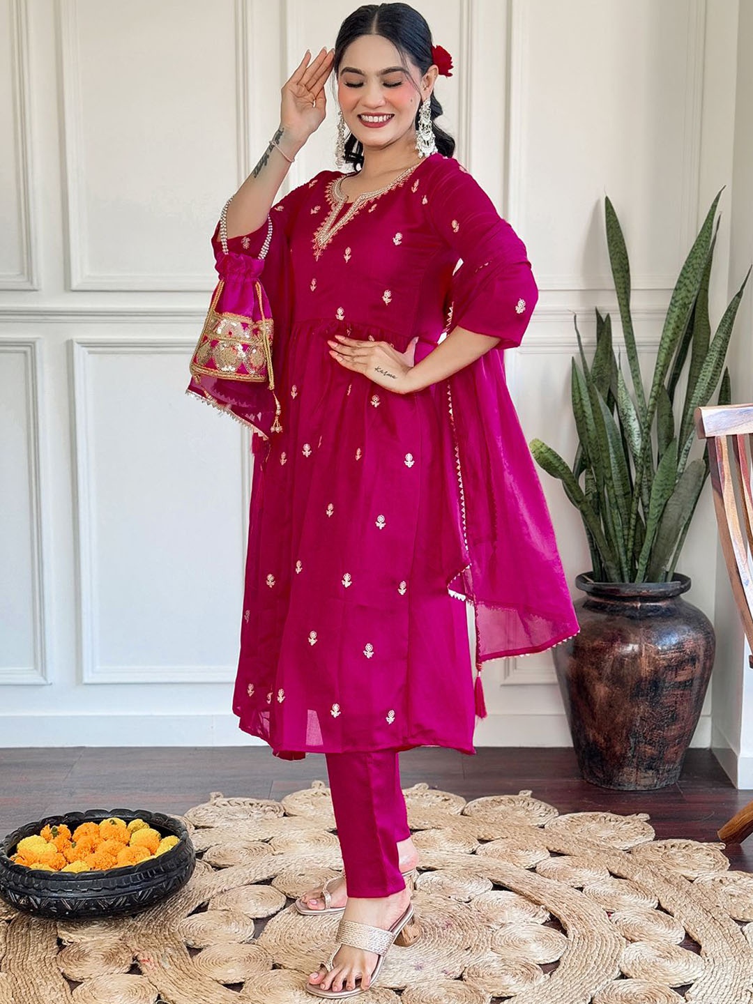 

Lilots Floral Embroidered Pleated Zari Chanderi Silk A-Line Kurta With Trouser And Dupatta, Pink