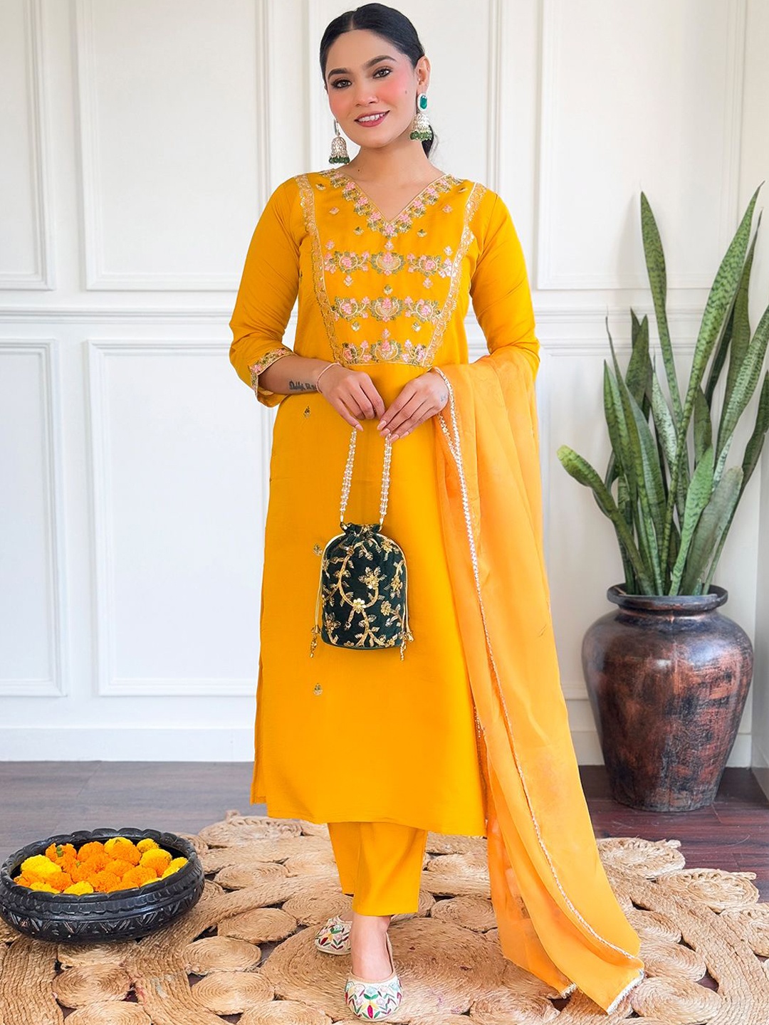 

Lilots Floral Embroidered Sequinned Chanderi Silk Straight Kurta With Trouser And Dupatta, Yellow