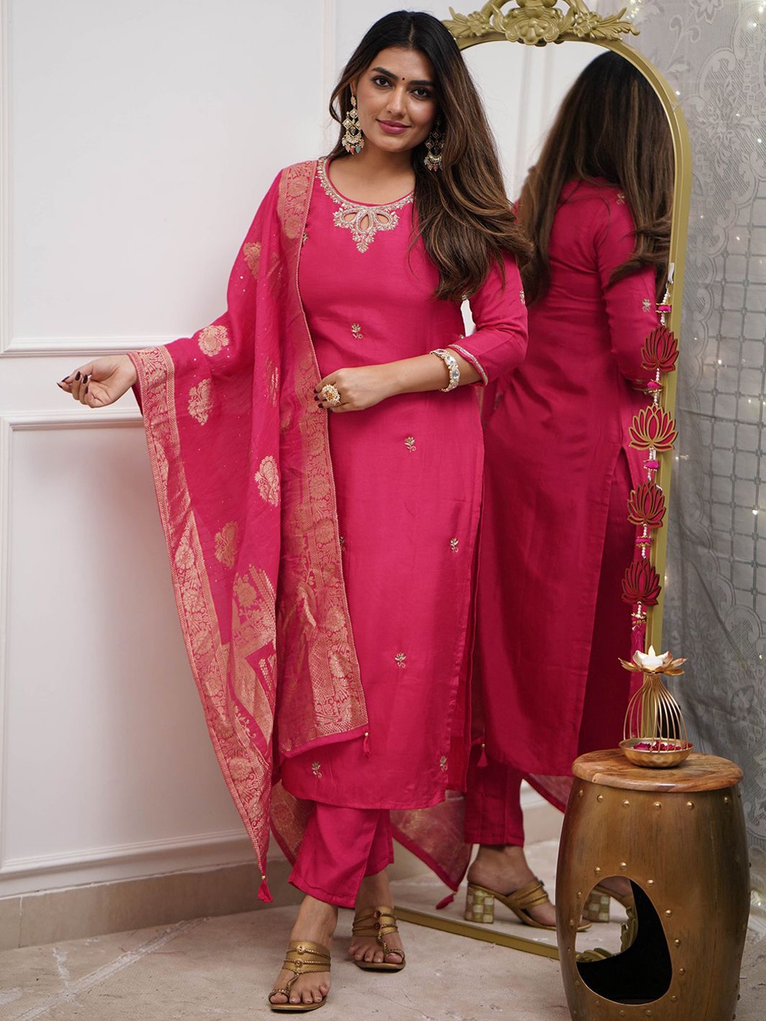 

Lilots Floral Embroidered Sequinned Straight Kurta With Trouser And Dupatta, Pink