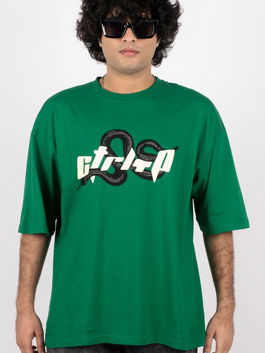 

CTRL+P Unisex Graphic Printed Round Neck Cotton Oversized T-shirt, Green