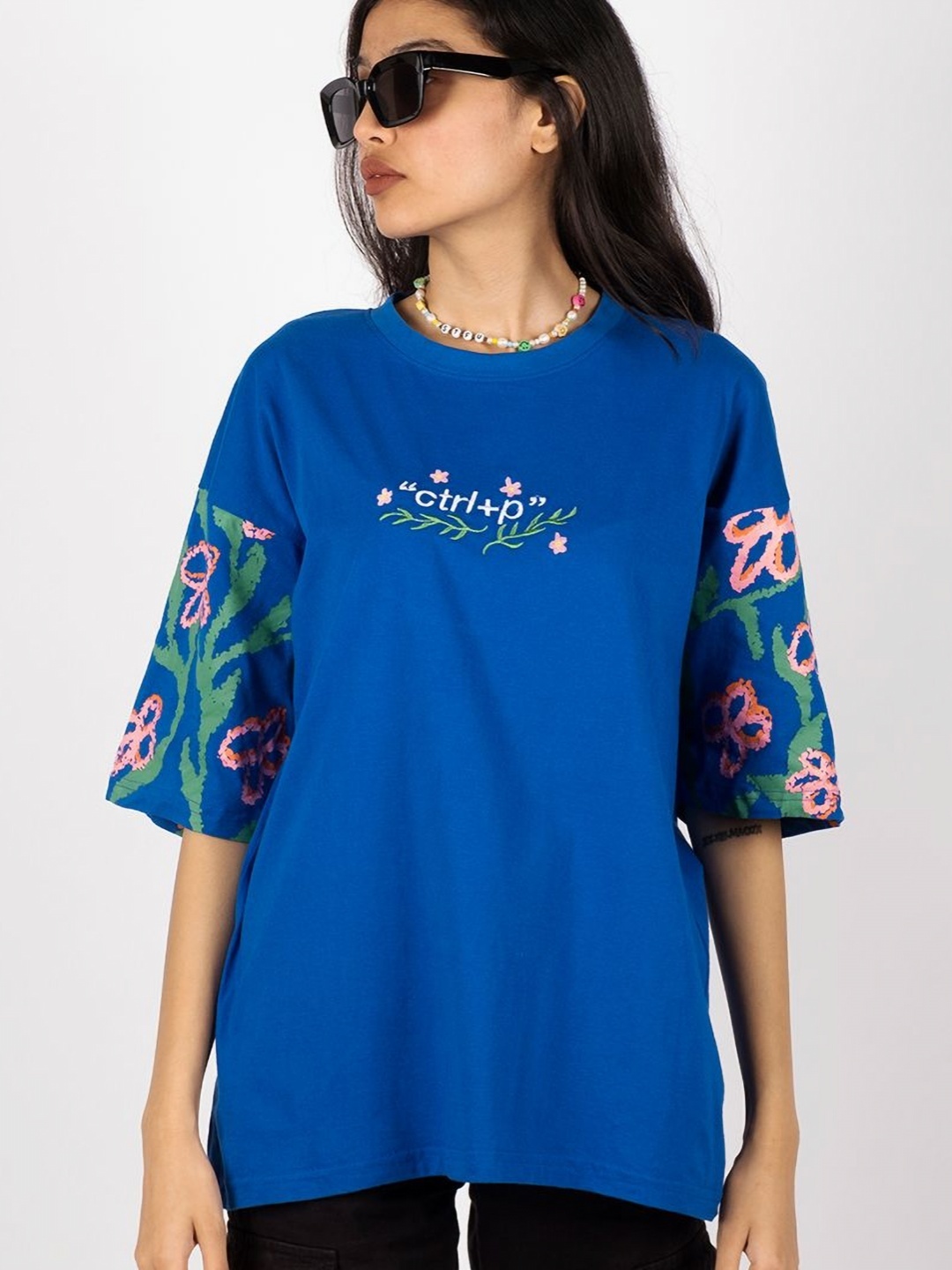 

CTRL+P Unisex Graphic Printed Round Neck Cotton Oversized T-shirt, Blue
