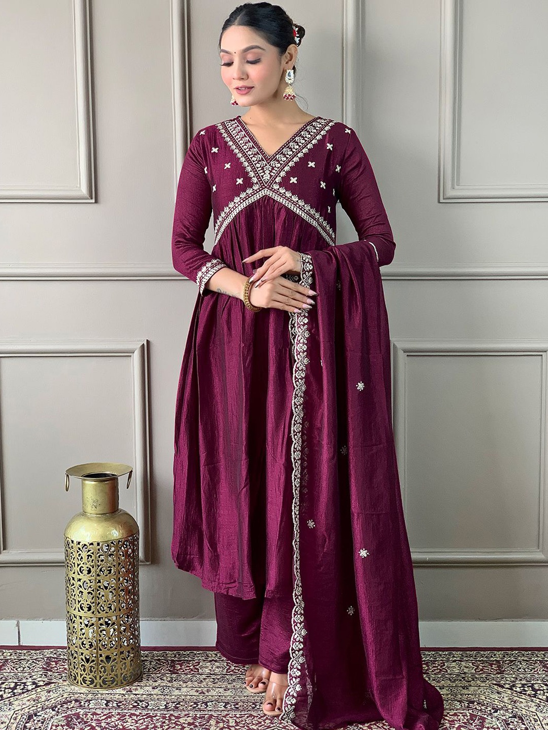 

Fashion Care Floral Embroidered V-Neck Anarkali Kurta With Trousers And Dupatta, Violet