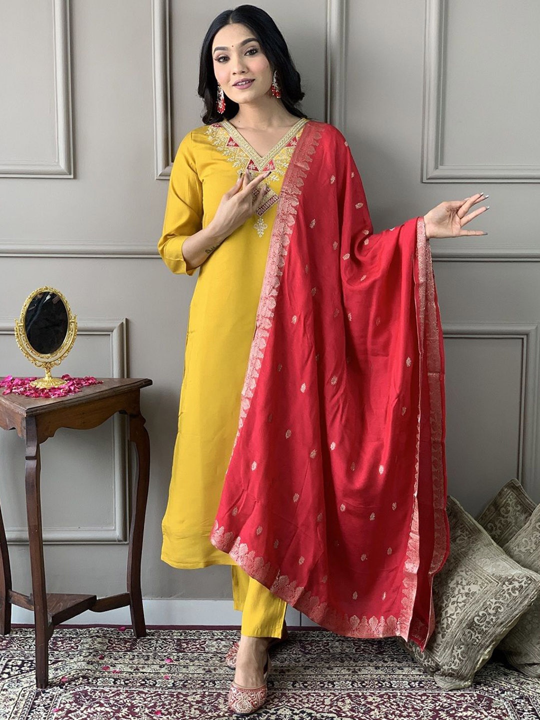 

Fashion Care Floral Embroidered V-Neck Straight Kurta With Trousers And Dupatta, Mustard