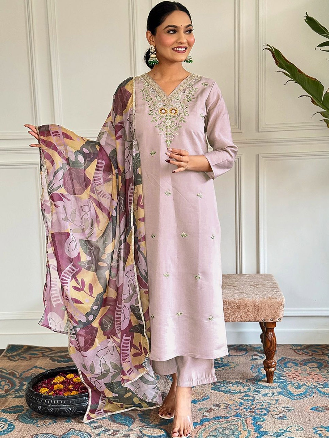 

Fashion Care Floral Printed Embroidered V-Neck Straight Kurta With Trousers And Dupatta, Beige