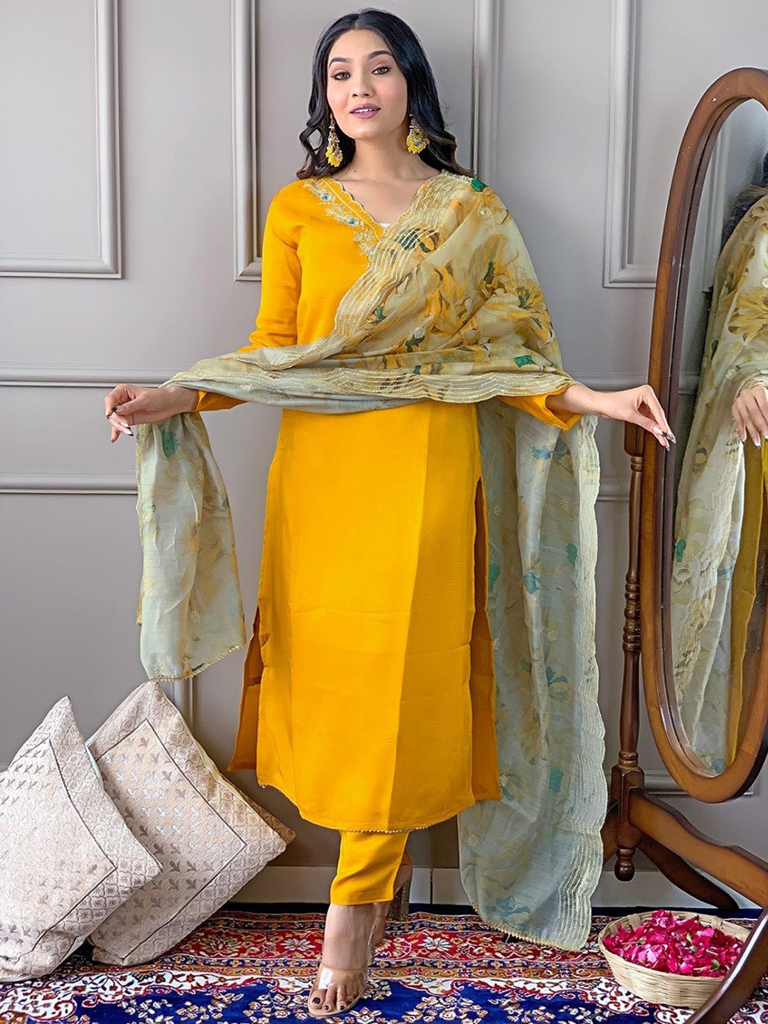 

Fashion Care Floral Embroidered V-Neck Straight Kurta With Trousers And Dupatta, Yellow