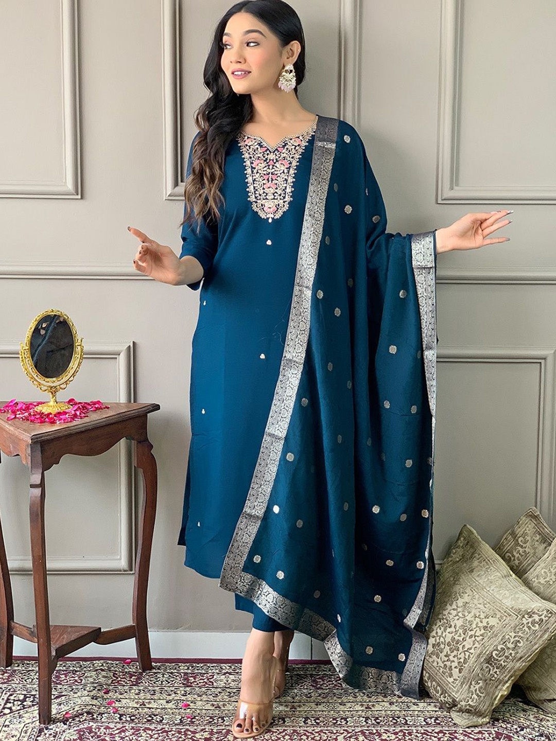 

Fashion Care Floral Embroidered Notch-Neck Straight Kurta With Trousers And Dupatta, Blue