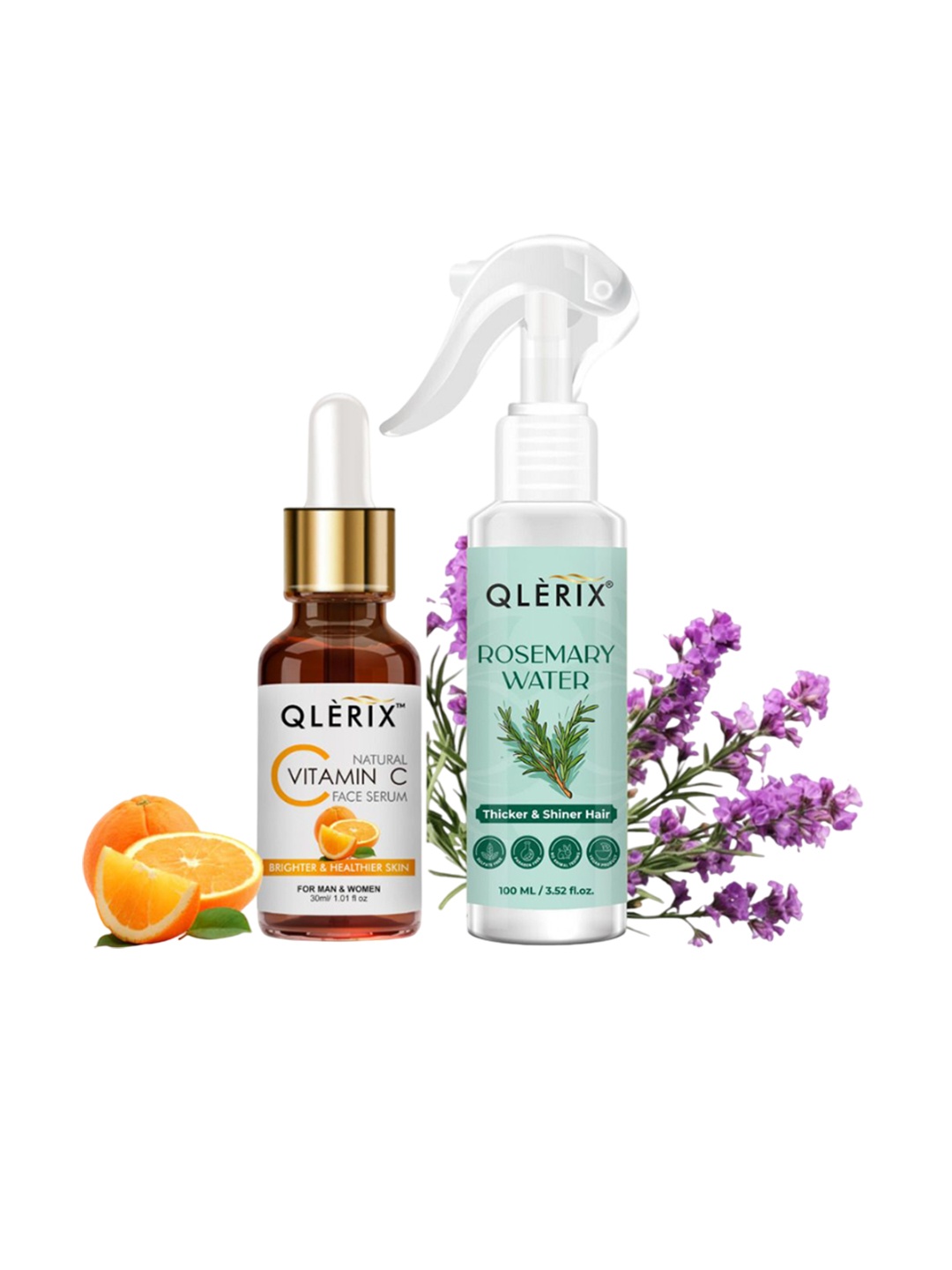 

QLERIX Set Of 2 Rosemary Water For Hair Growth - 100 ml & Vitamin C Face Serum - 30 ml, Green