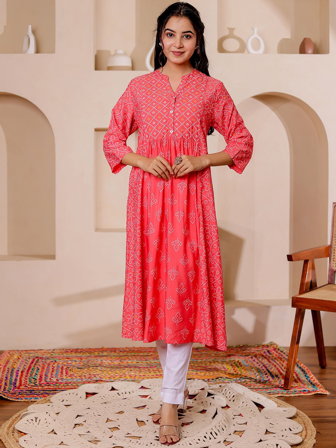 

Chandbaali Women Bandhani Printed Mandarin Collar A-Line Kurta, Pink