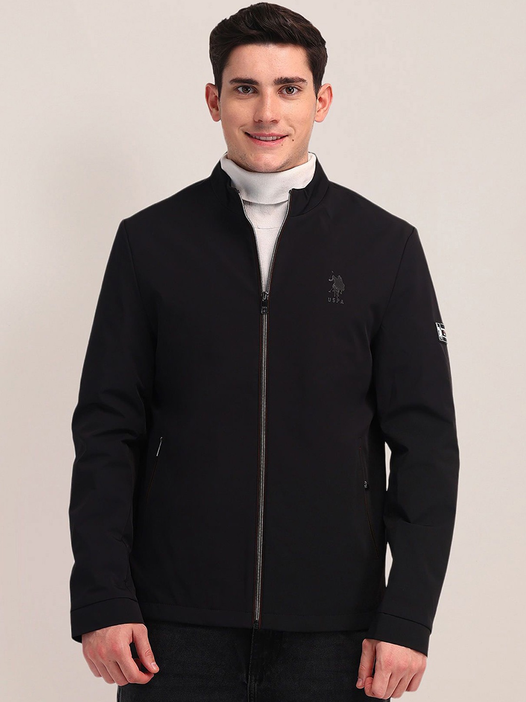

U.S. Polo Assn. Men Mock Collar Solid Casual Tailored Jacket, Black