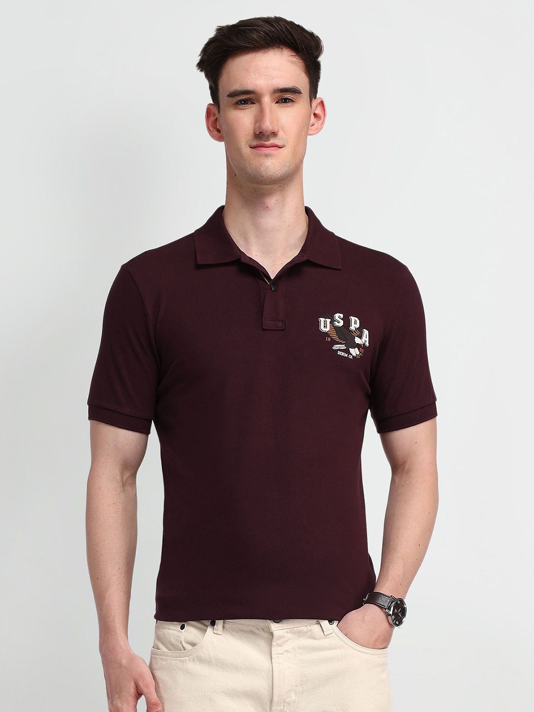 

U.S. Polo Assn. Men Graphic Printed Polo Collar Cotton Slim Fit T-shirt, Burgundy