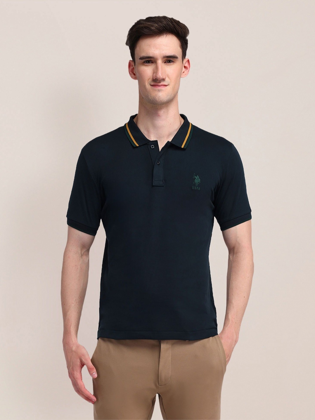 

U.S. Polo Assn. Men Solid Polo Collar Cotton Slim Fit T-shirt, Navy blue