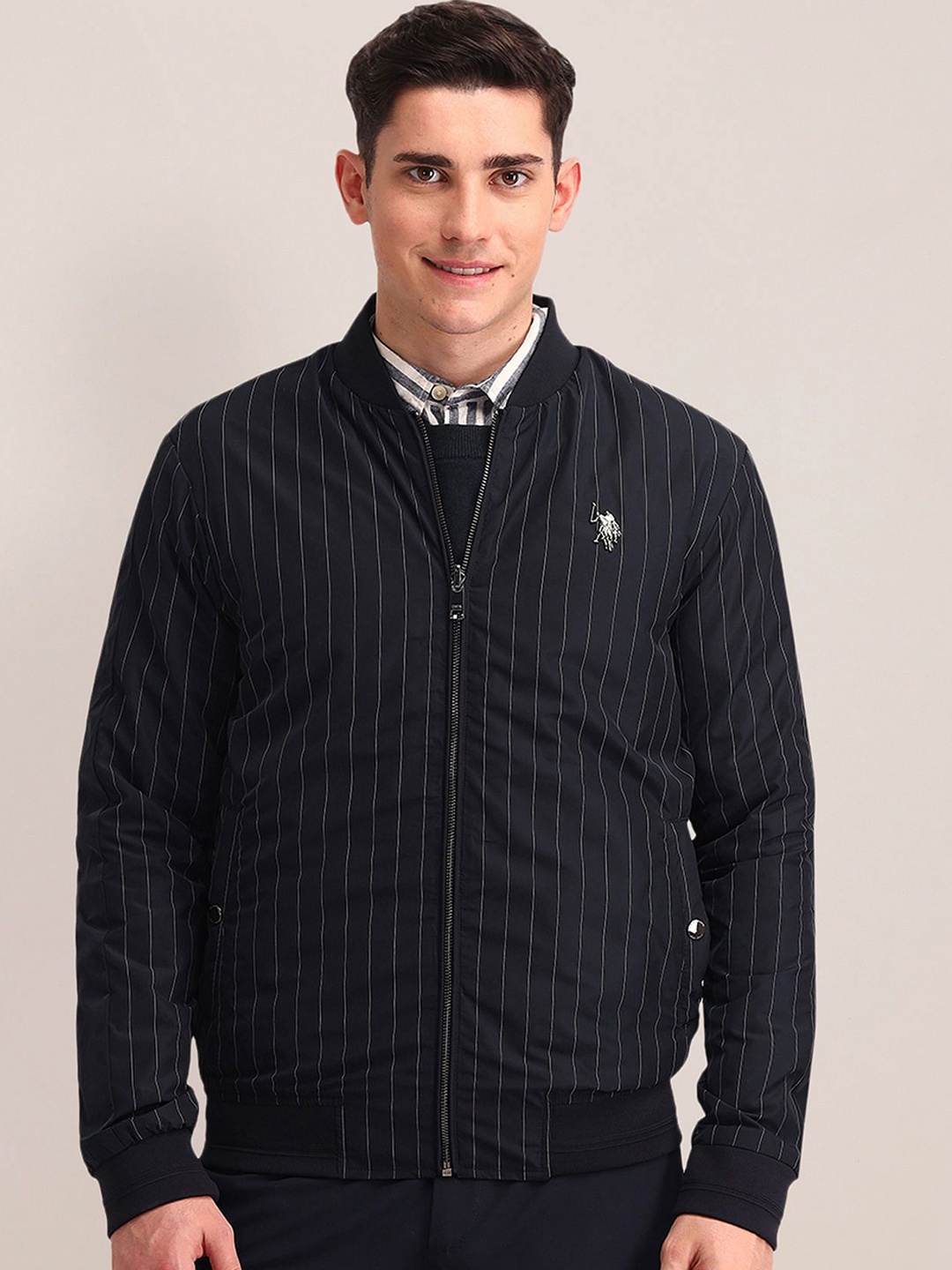 

U.S. Polo Assn. Men Stand Collar Striped Casual Bomber Jacket, Black