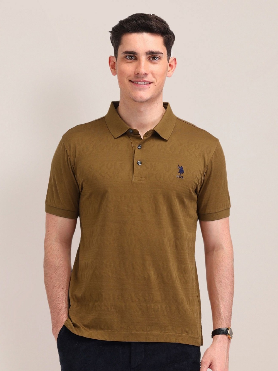 U.S. Polo Assn. Men Self Design Polo Collar Cotton T-shirt, Brown