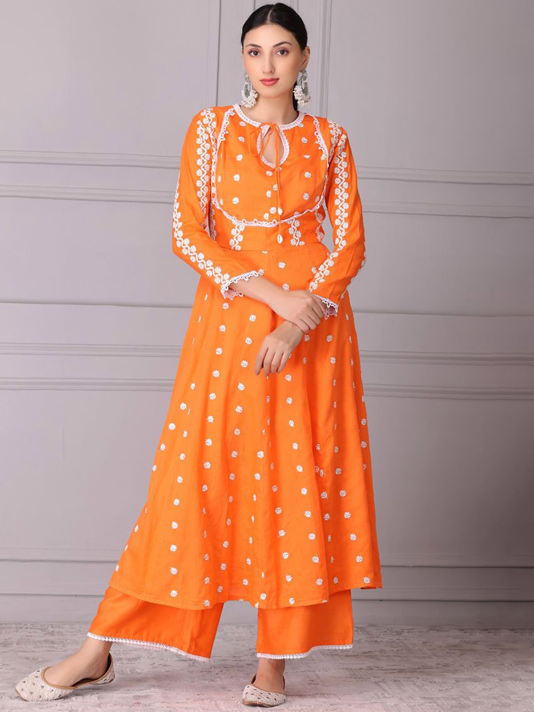 

SEW Women Floral Embroidered Pure Cotton Anarkali Kurta With Palazzos, Orange