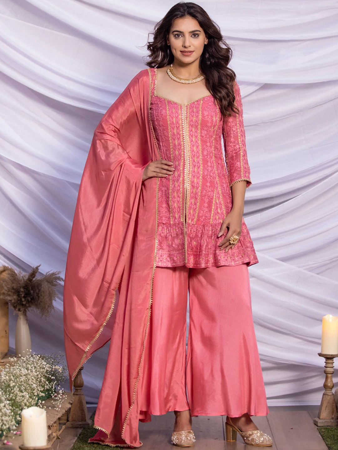 

SEW Floral Embroidered Sweetheart Neck A-Line Kurta With Palazzos And Dupatta, Pink