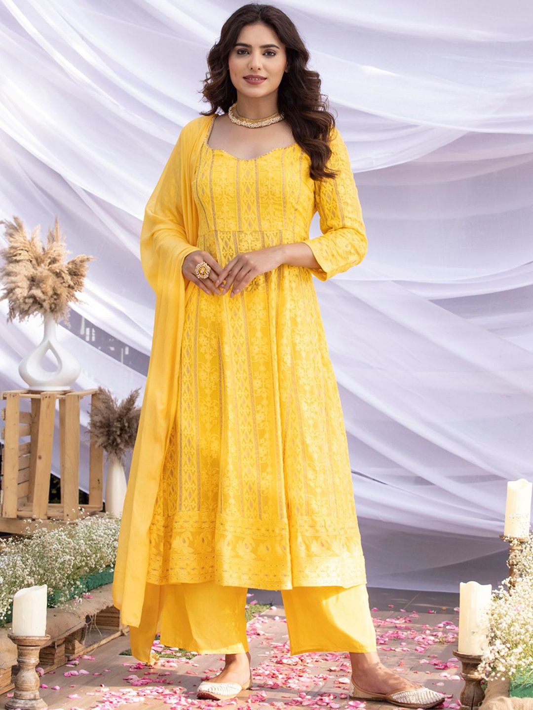 

SEW Women Floral Embroidered Pure Cotton Anarkali Kurta With Trousers And Dupatta, Yellow