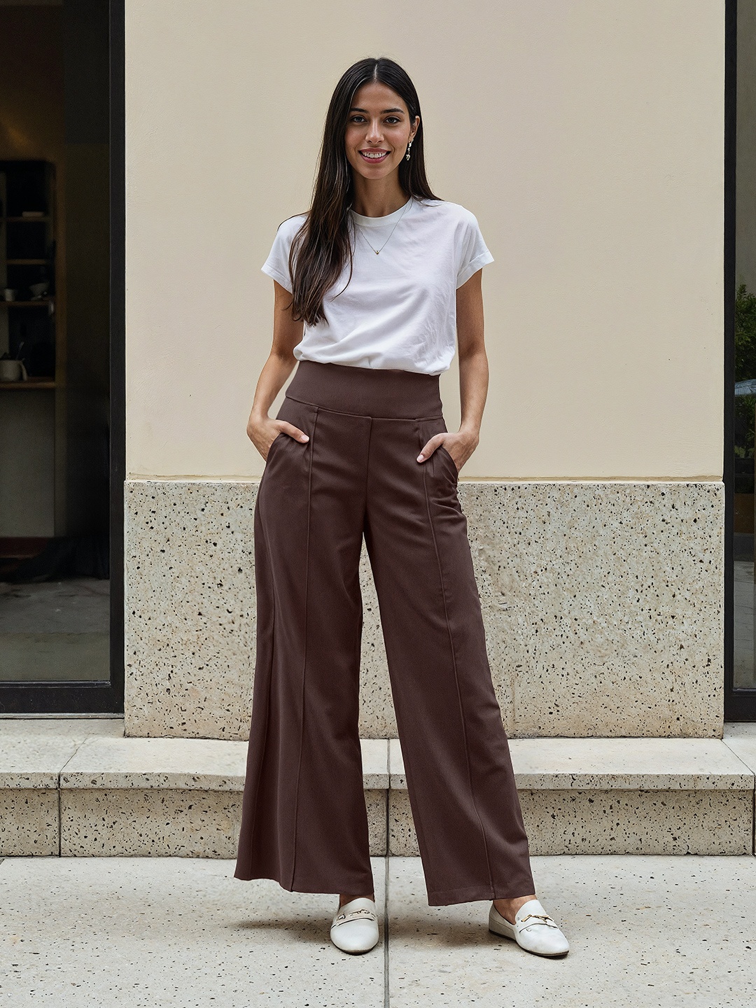 

Blissclub Women Relaxed Fit High-Rise Pleated Wide Leg Pants Trousers, Brown