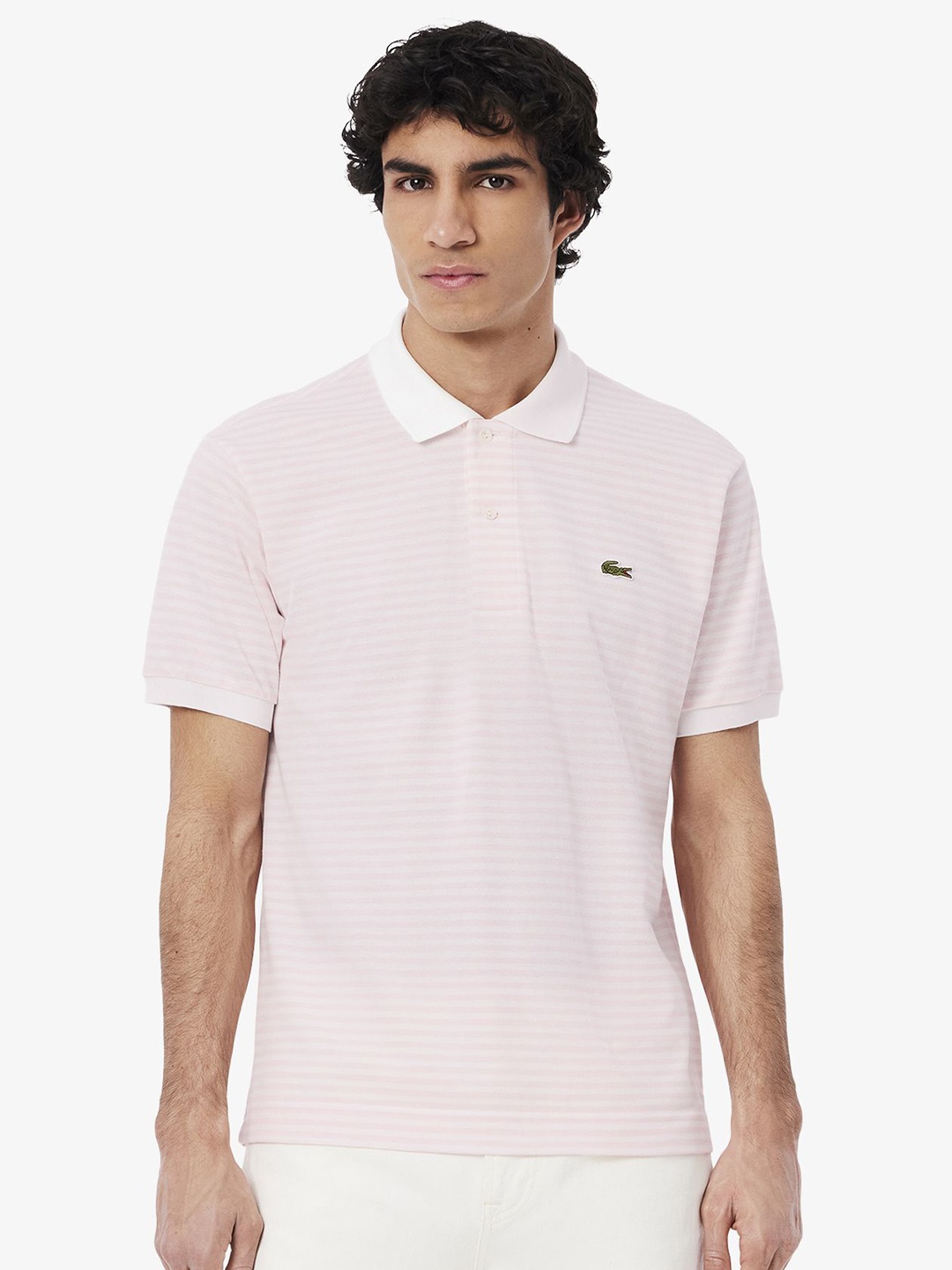 

Lacoste Men Striped Polo Collar Cotton T-shirt, Pink