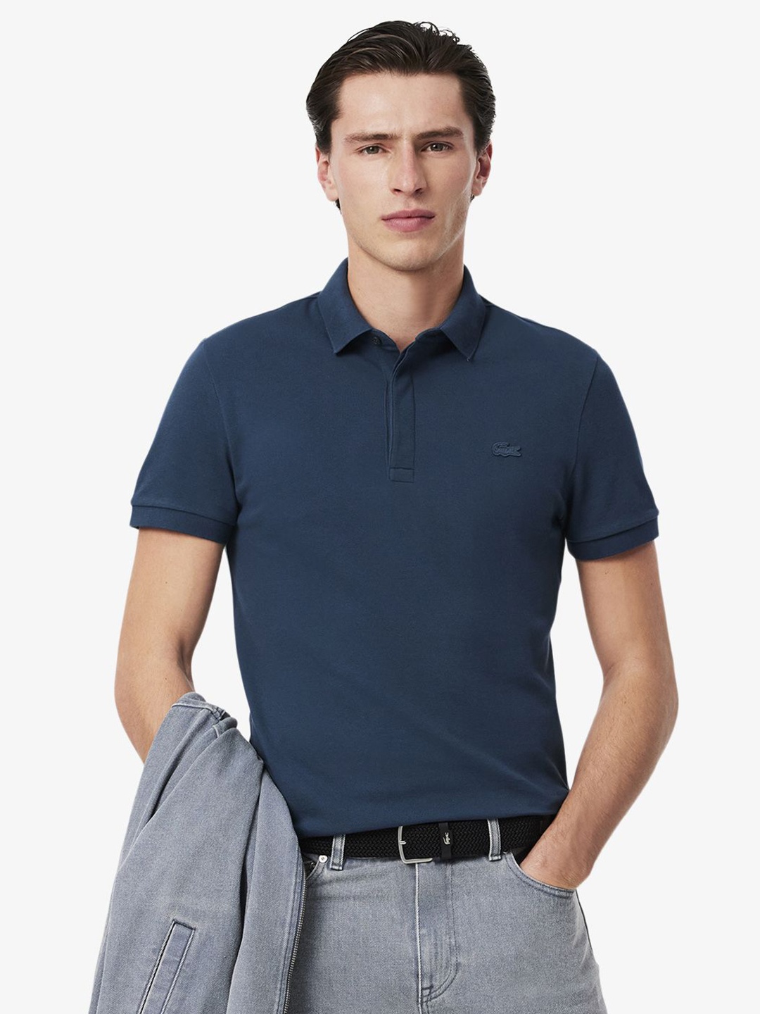 

Lacoste Men Paris Stretch Piqu Solid Polo Collar Cotton T-shirt, Navy blue