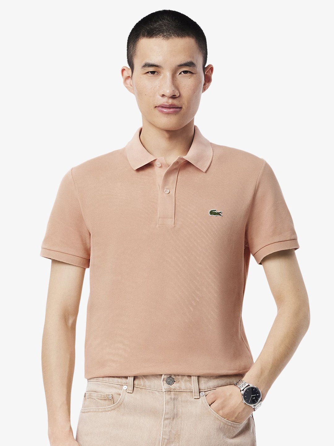 

Lacoste Men Solid Polo Collar Cotton T-shirt, Peach