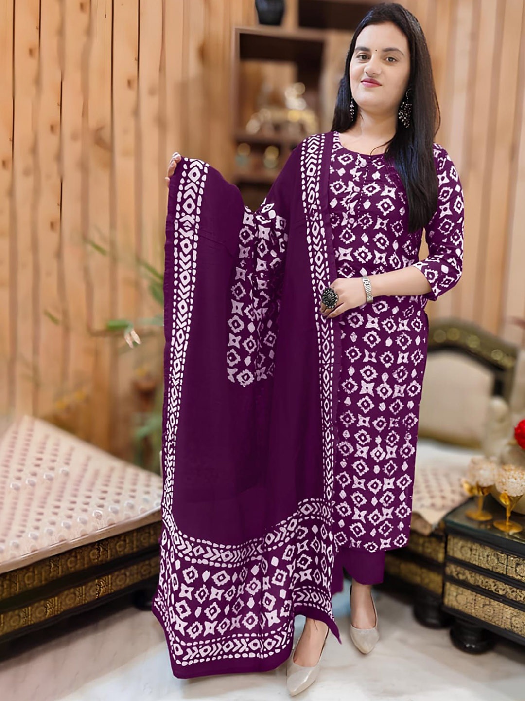 

KHODALCREATIN Ethnic Motifs Printed Round Neck Straight Kurta With Trousers And Dupatta, Purple